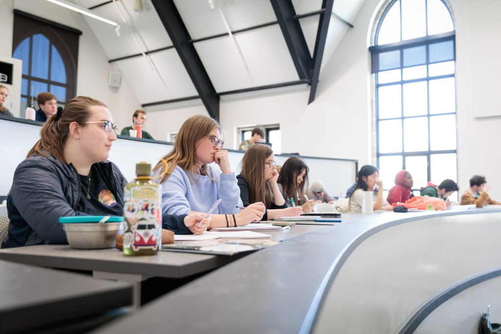 Students sit at desks in a classroom with large windows and bright sunlight.